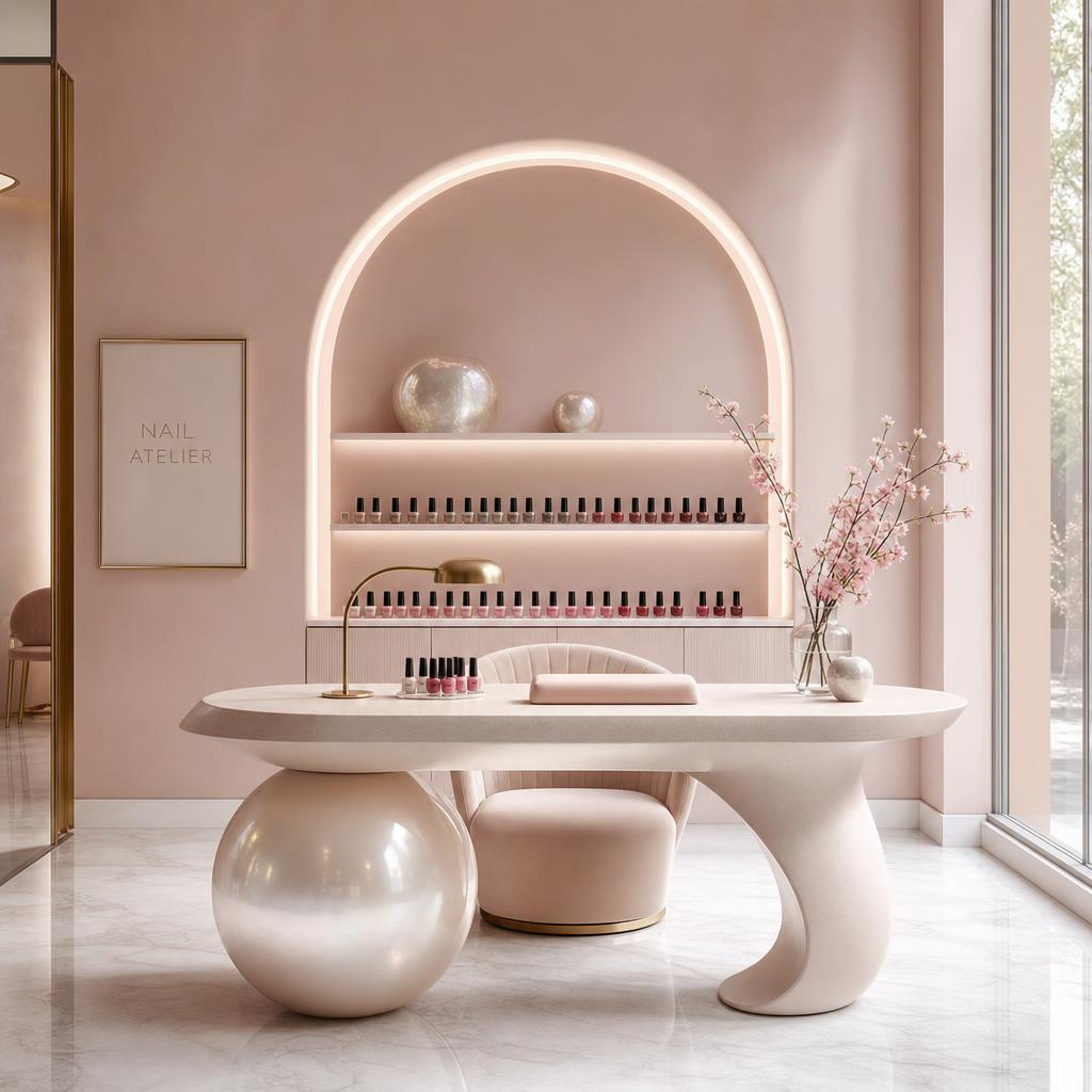 The Jazglow studio — soft pink walls and pearl decor