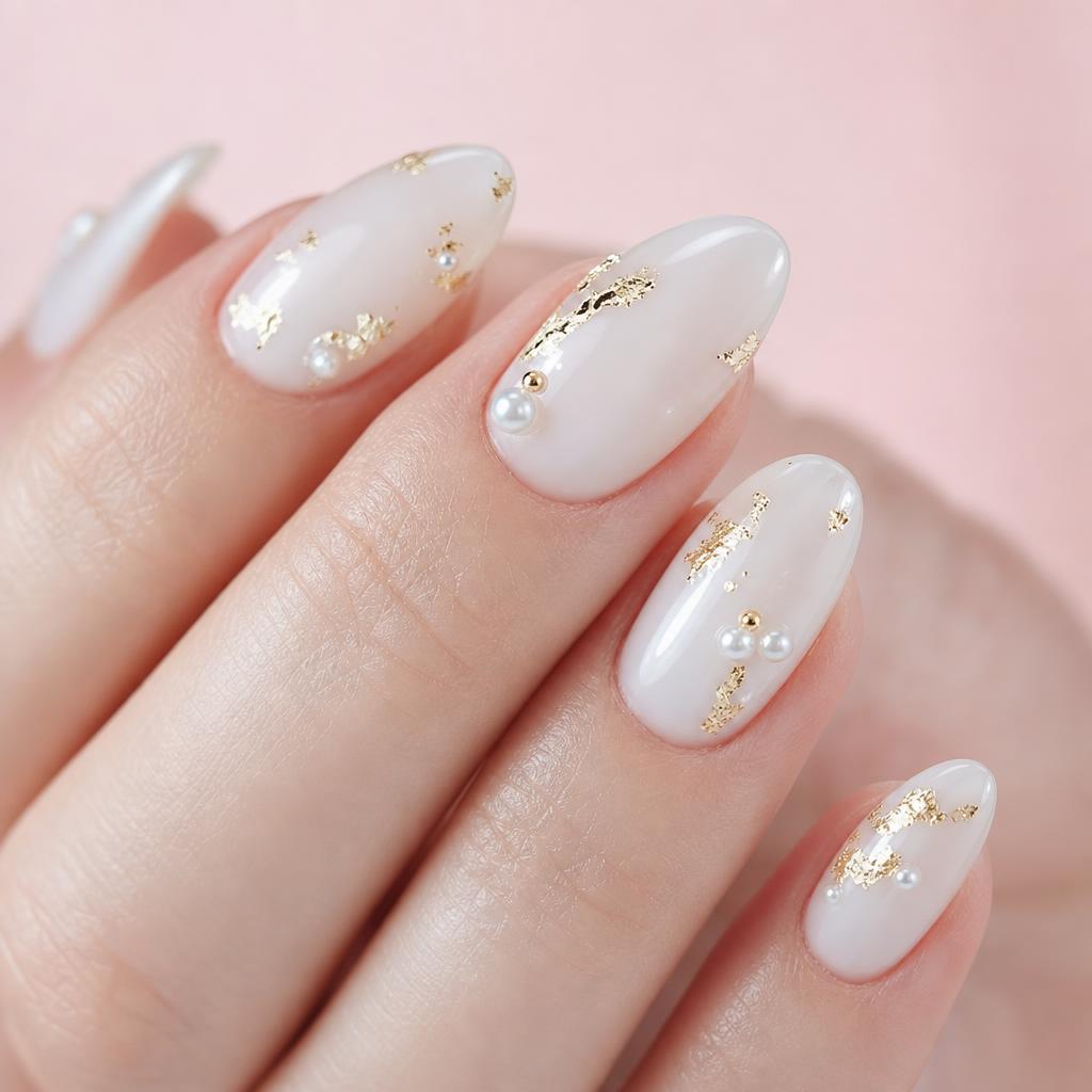 Custom pearl and gold nail art