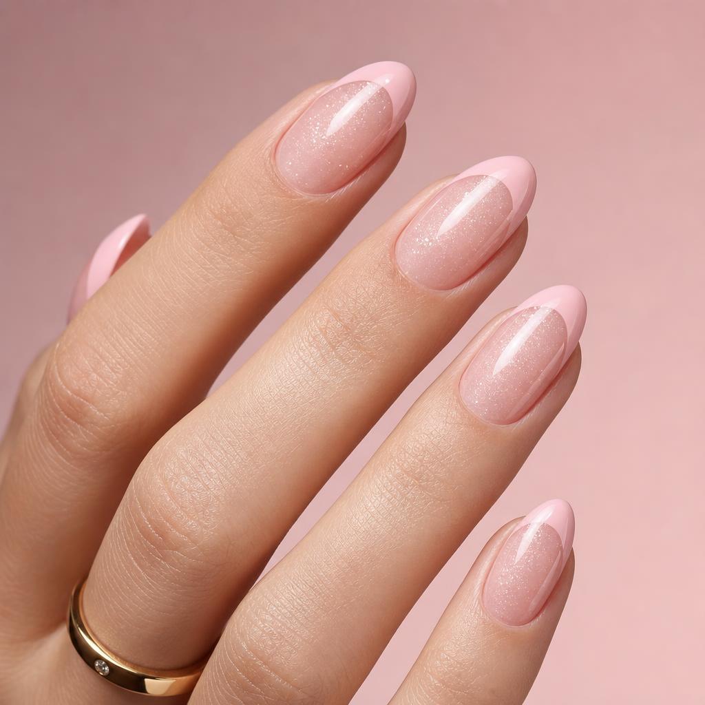 Pink french tip nails with glitter
